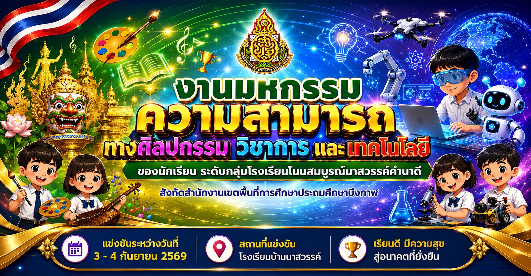 “งานมหกรรมความสามารถทางศิลปกรรม วิชาการ และเทคโนโลยีของนักเรียน ระดับกลุ่มโรงเรียนโนนสมบูรณ์นาสวรรค์คำนาดี” สังกัดสำนักงานเขตพื้นที่การศึกษาประถมศึกษาบึงกาฬ ประจำปีการศึกษา 2569